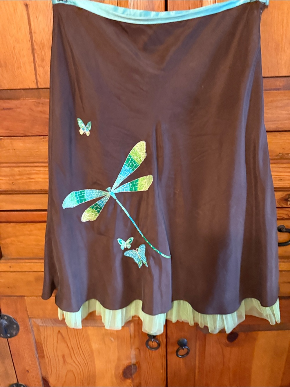 Allison Taylor Brown Skirt with Turquoise and Lime Dragonfly Appliques